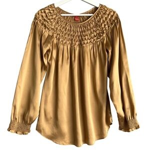 Sundance Gold 100% Silk Smocked Pintuck Long Sleeve Blouse, Women's Small